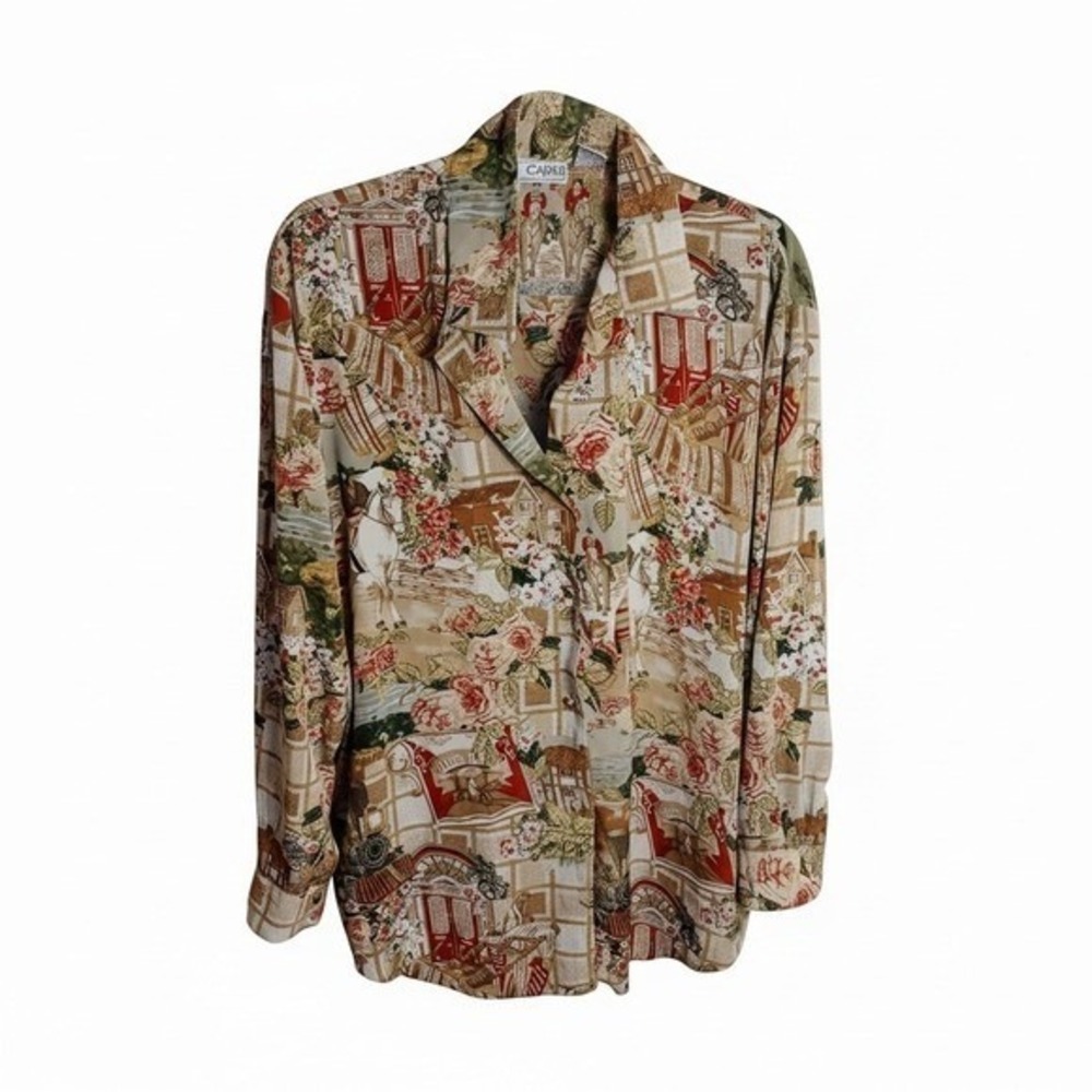 Le Caviar Button Down XL Tan Equestrian Horse Novelty Print Vintage Blouse